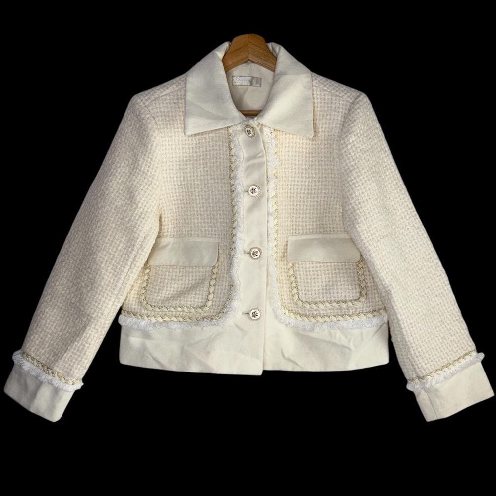 Vita Grace Womens Blair Tweed Blazer Jacket L Cream Gold Rim Button Quiet Luxury